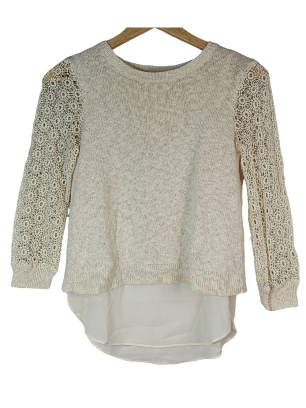 Lucky Brand Womens Twofer Open Knit Top Cream XS Lace Chiffon Split Cinema Linen